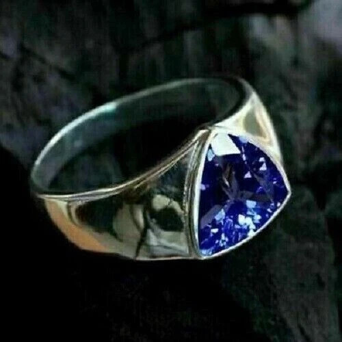 Trillion Cut Tanzanite Men's Stunning Band Ring 14K White Gold