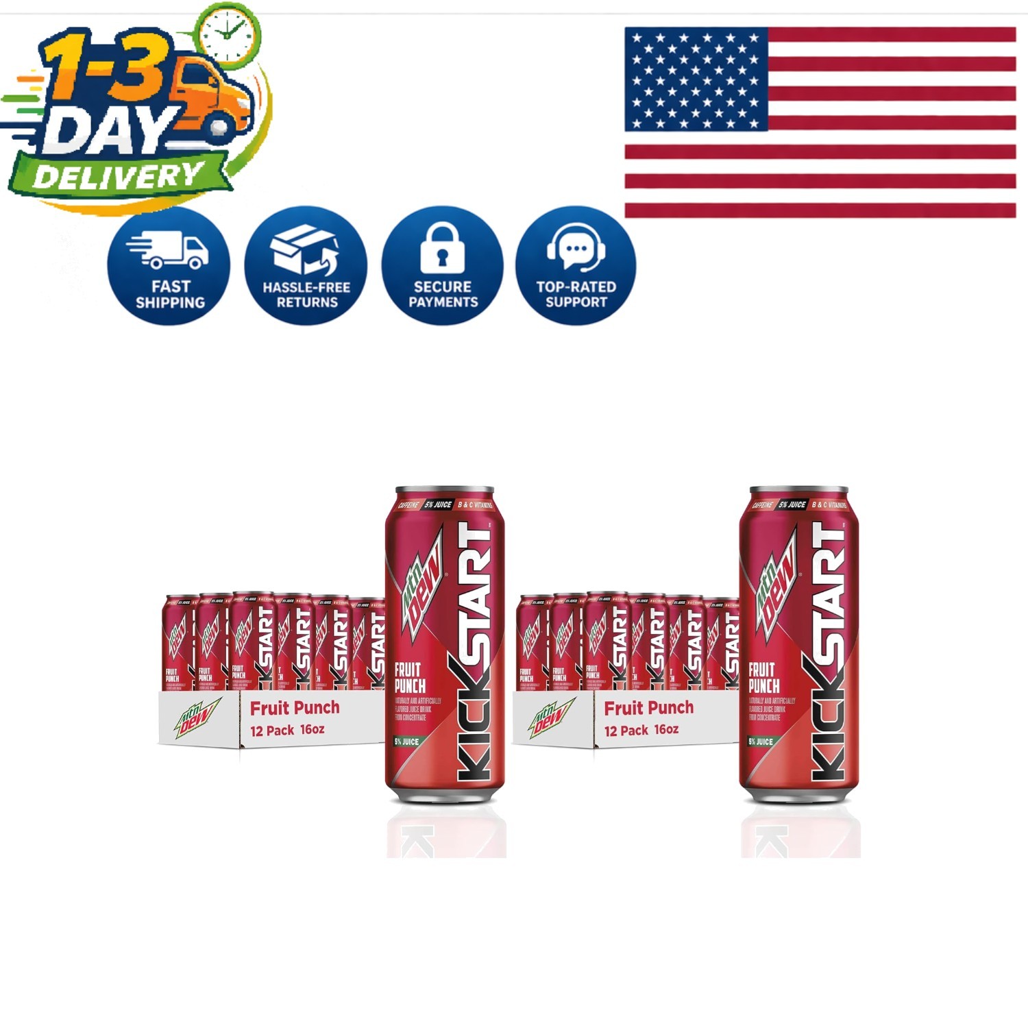 Pack of 24 Mtn Dew Kickstart: Delicious Fruit Punch with Vitamins and Caffeine