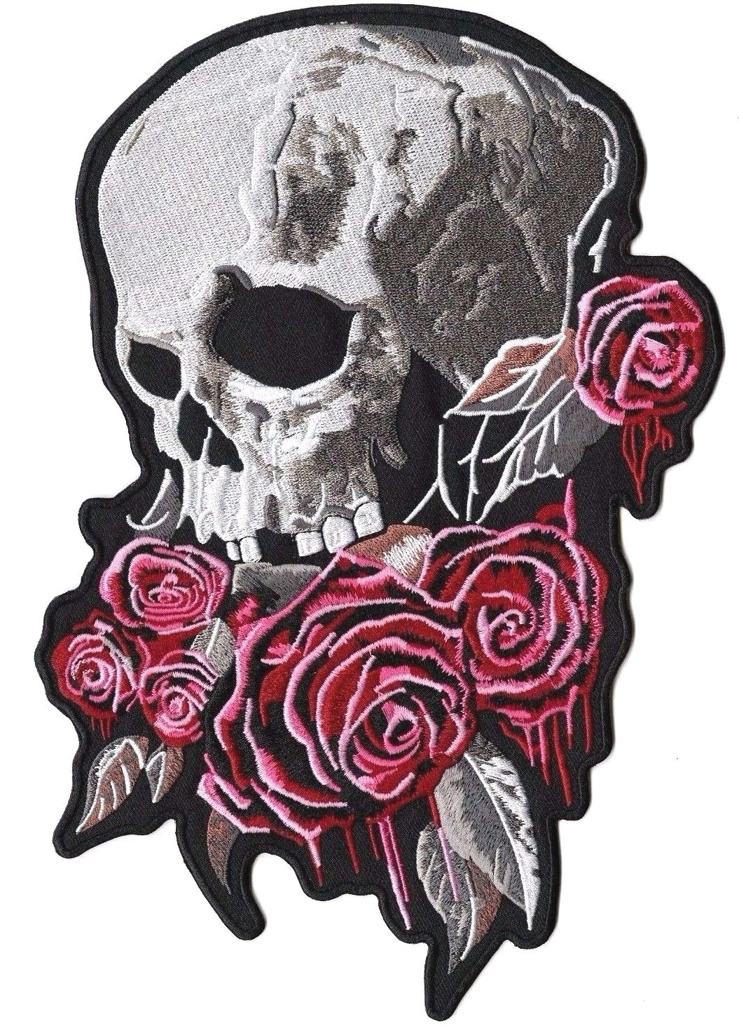 Bleeding Roses Skull Patch 11"| Realistic Halfskull Skeleton Embroidered Iron On