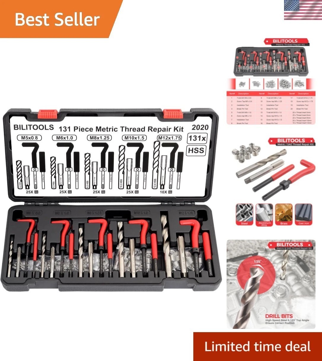 Durable Helicoil Thread Repair Kit: 131-Piece HSS Tools for M5-M12 Applications