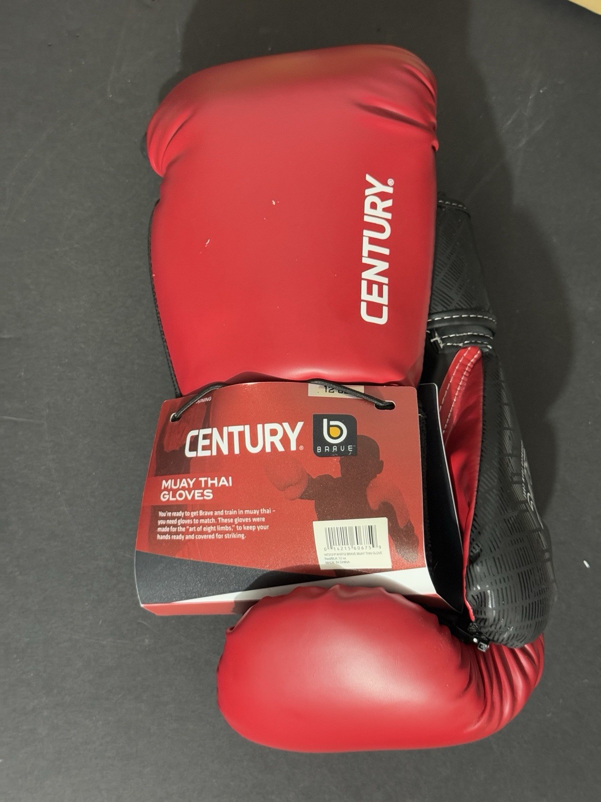 New* Century 12 oz Brave Muay Thai Gloves Hook Loop  Black Red O/S  #A1