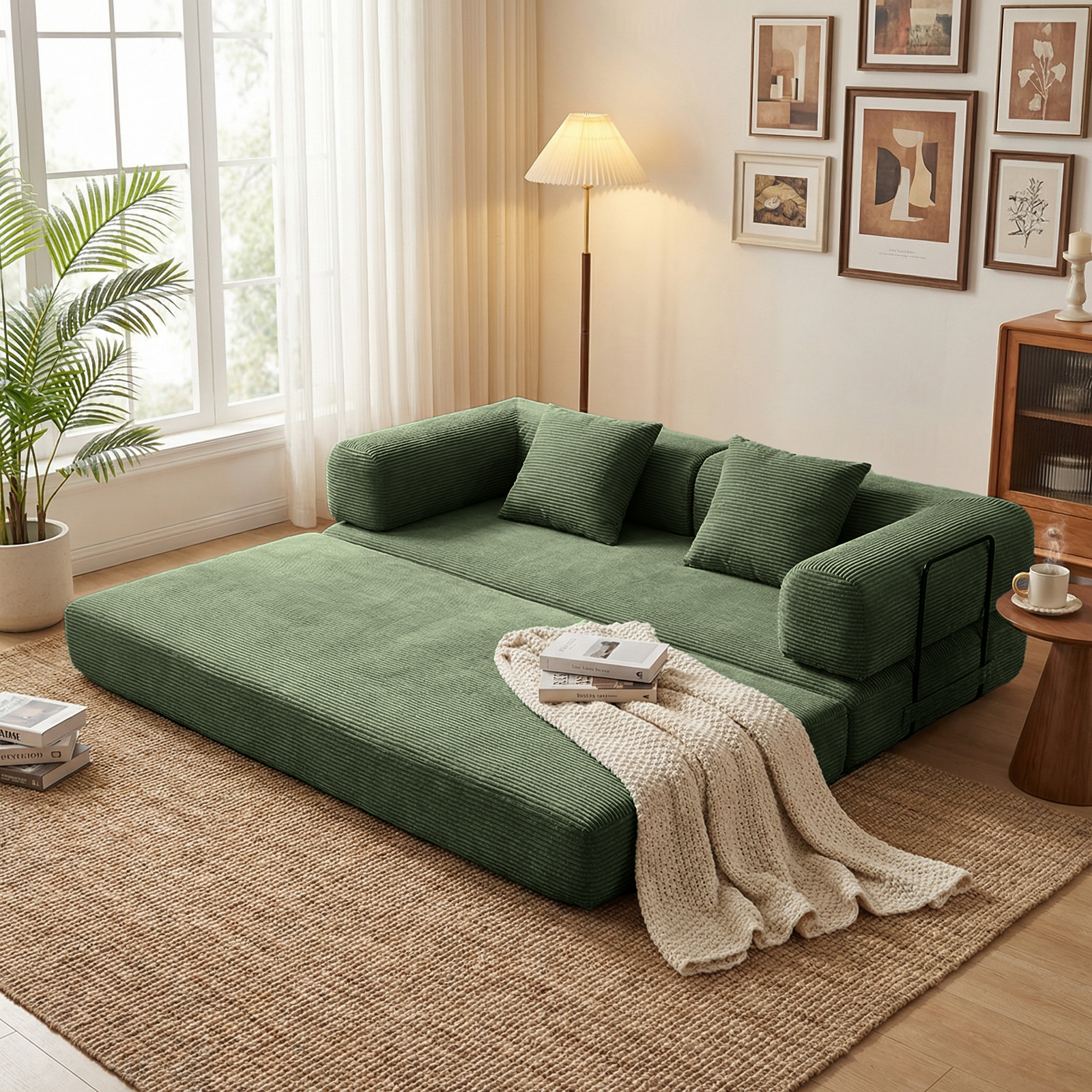 Deep Green Convertible Sofa Bed,2-in-1 Foldable Futon Sofa with Removable Pillow