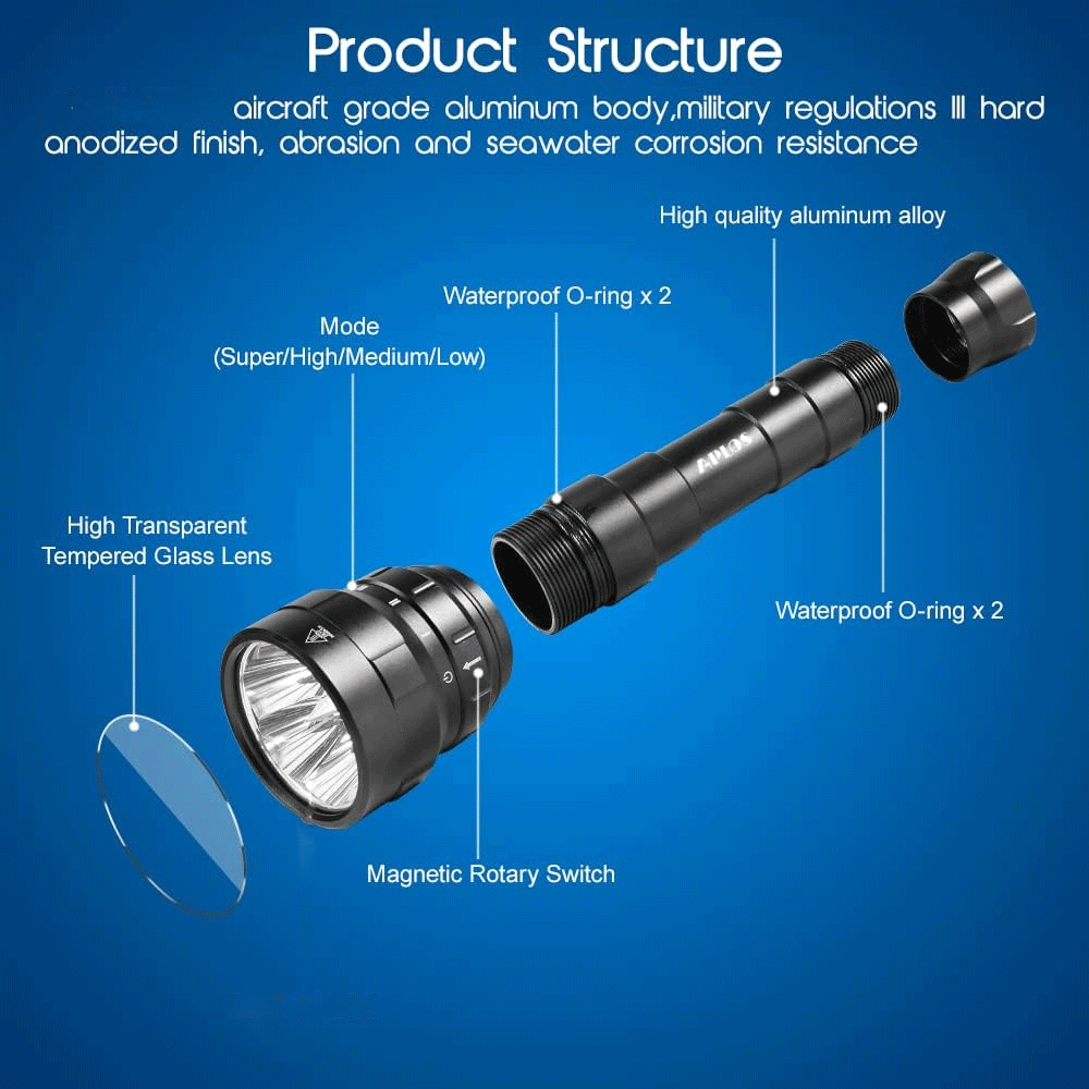 Powerful 3* LED Scuba Diving Flashlight Diver Light Underwater Torch Lamp