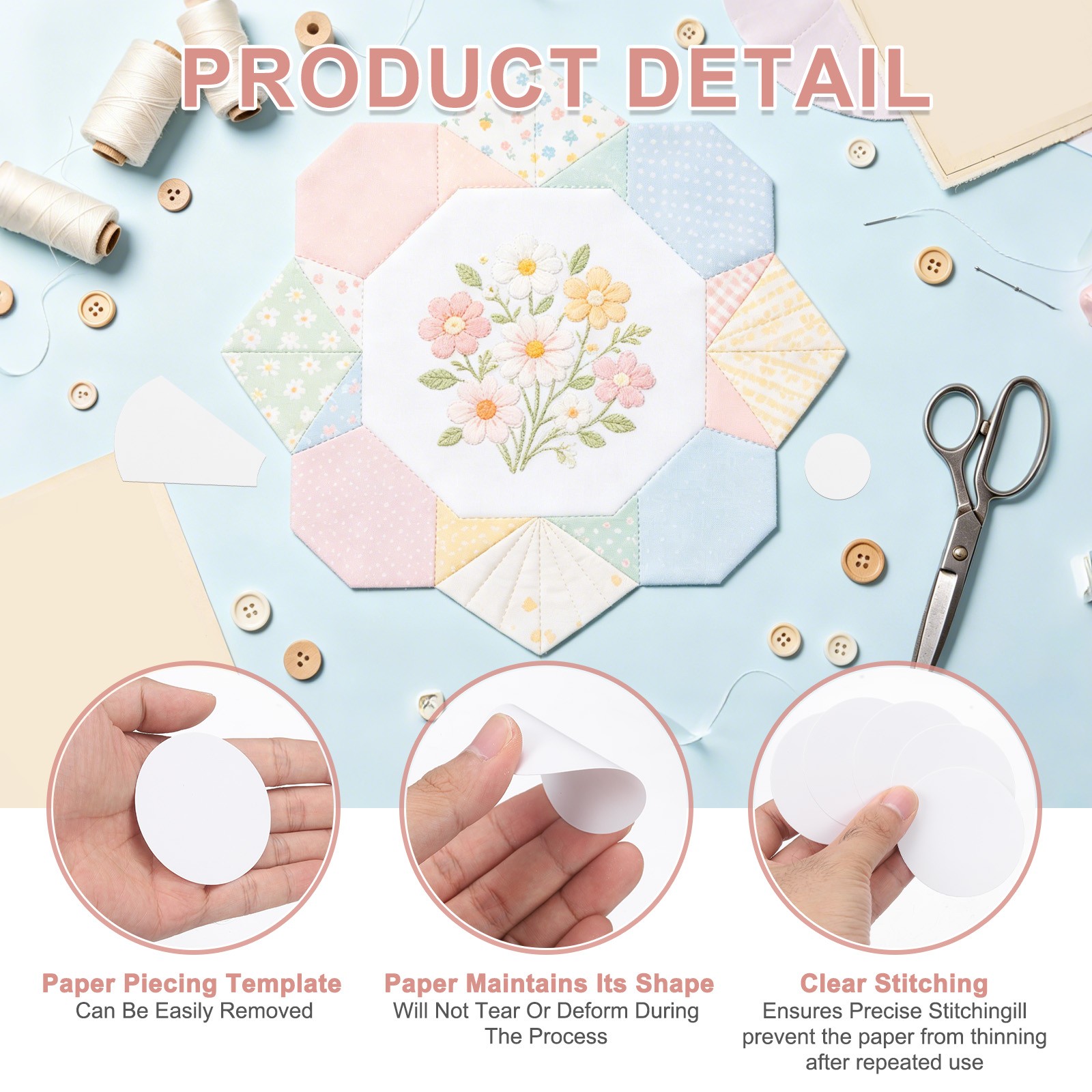 100 Pcs Round Shape Piecing Paper for Quilting with Pen (2.3")