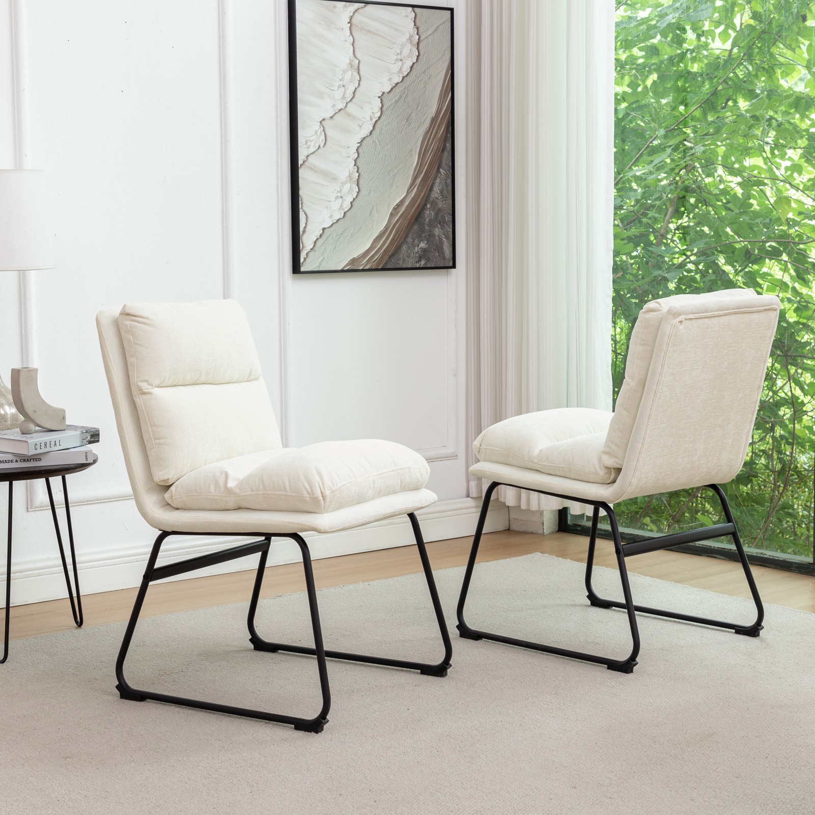 Contemporary Upholstered Dining Chairs, Set of 2, Vanilla White