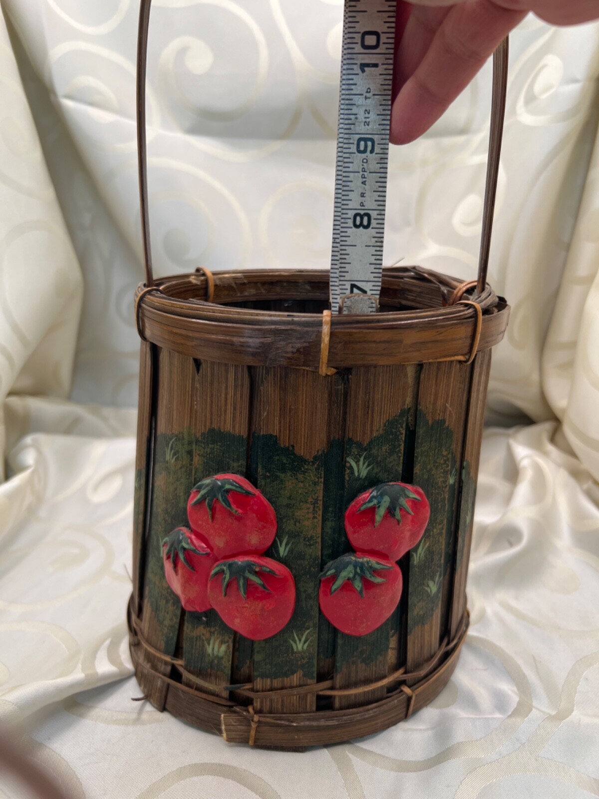 Vintage basket with tall handle hand painted tomatoes
