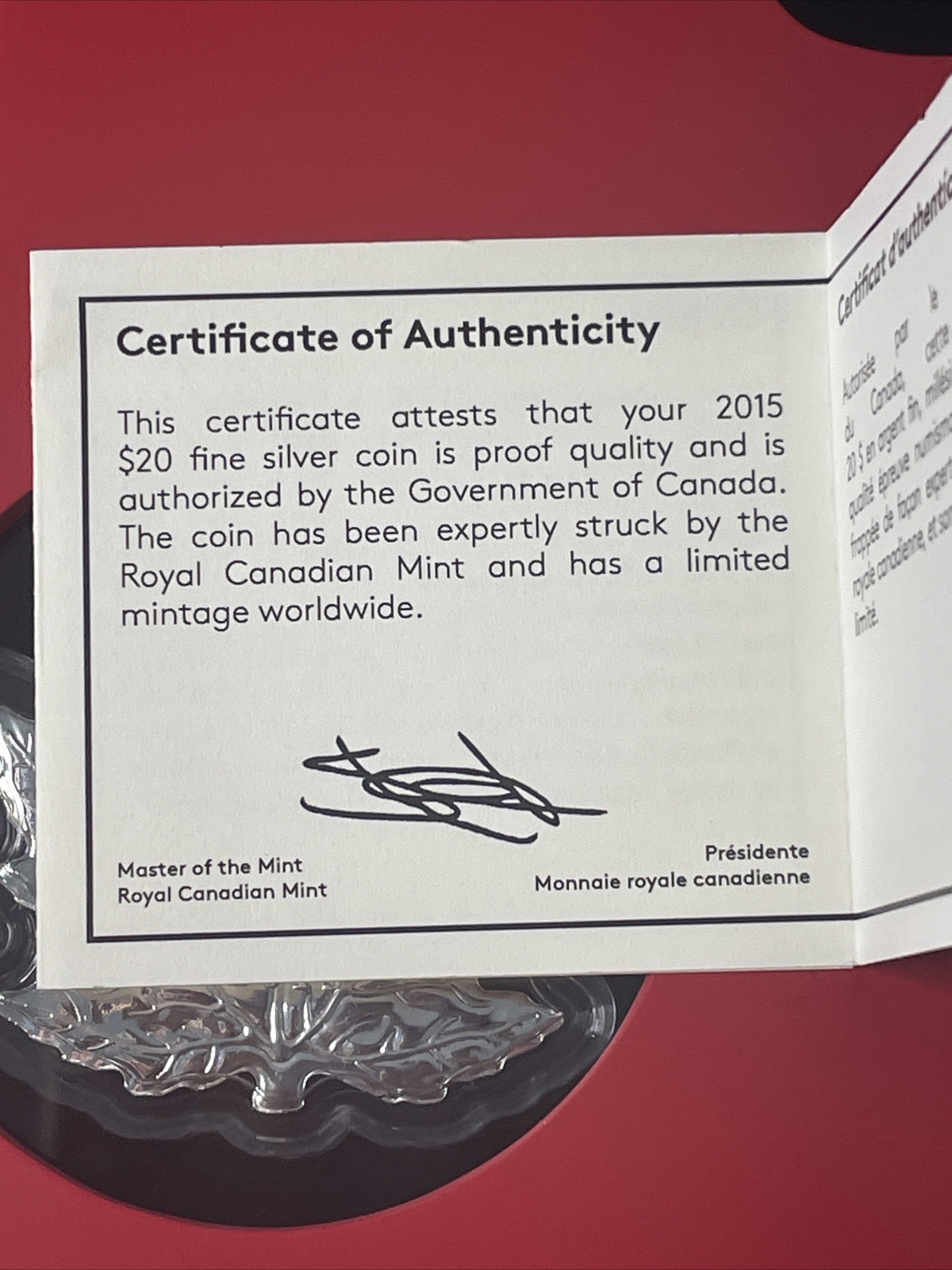Canada $20 2015 Maple Leaf Fine Silver Coin In Maple Leaf Display Case