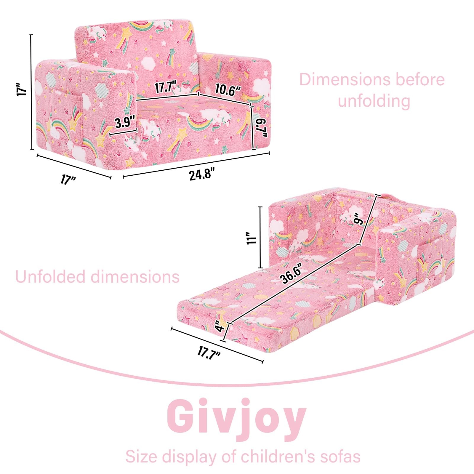 Kids Sofa Toddler Chair, Children Couch with Side Pockets 2 in 1 Glow in Dark...