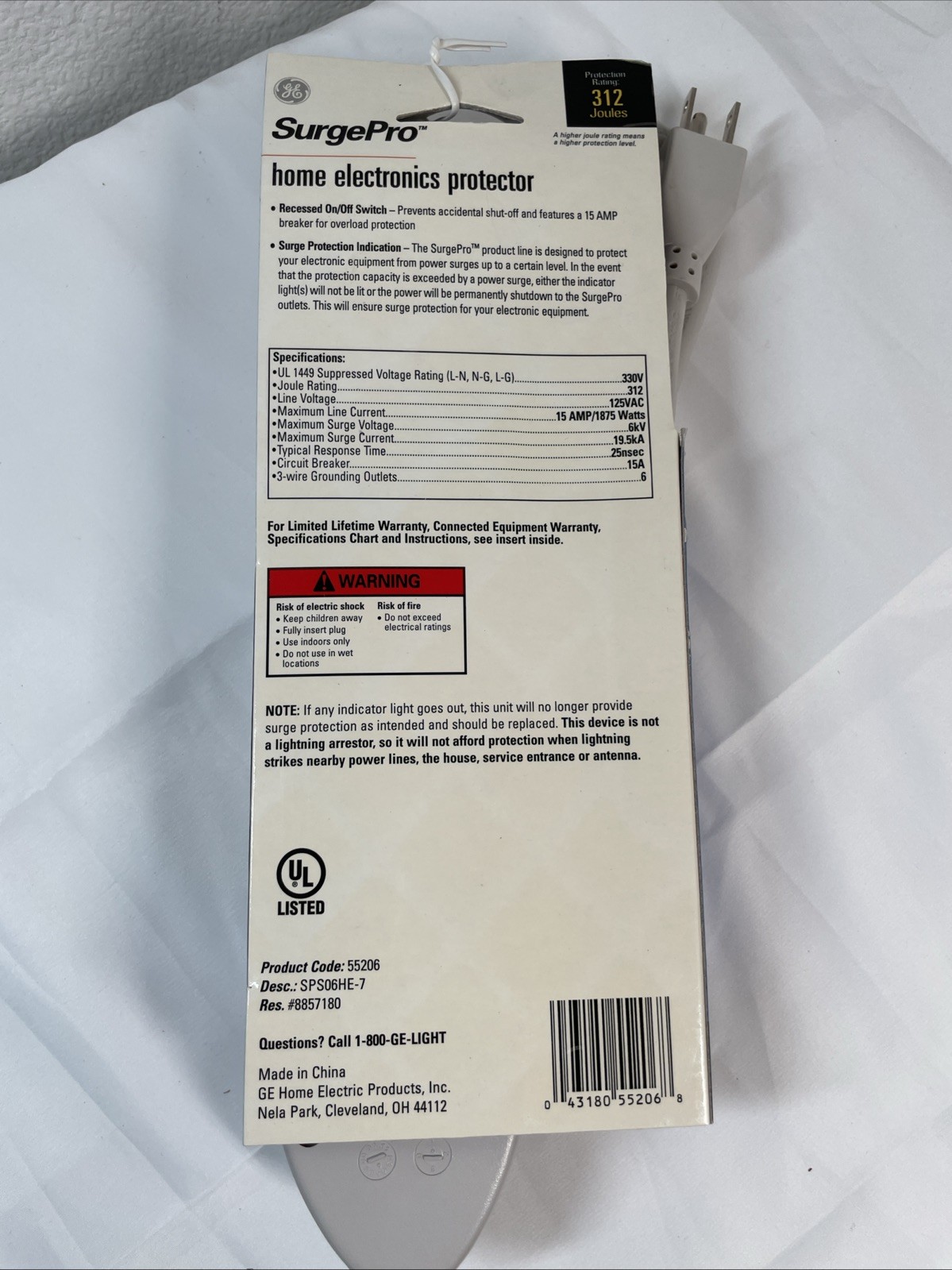 NEW GE SurgePro 6-Outlet Electronics Protector 312 Joules, 3-ft. 14 AWG 3-wire