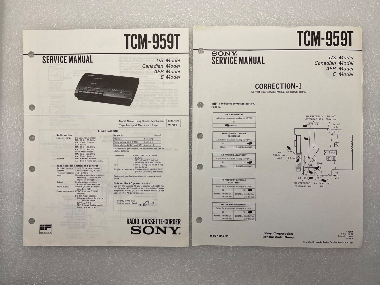 Sony TCM-959T Original Service Manual Repair Radio Cassette-Corder 1993