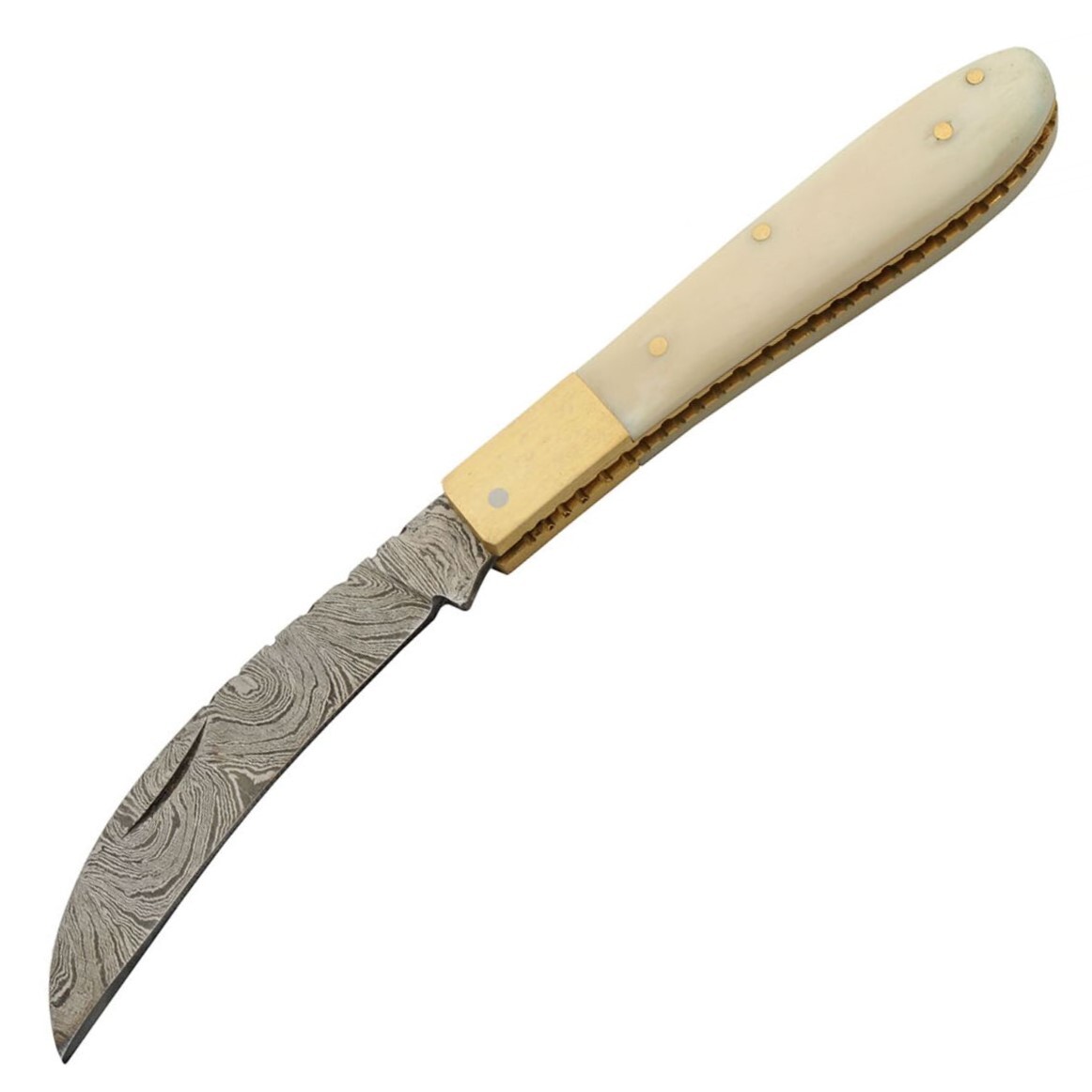 Pocket Knife Premium Damascus Steel Hawkbill Blade Bone/Brass Handle Folder