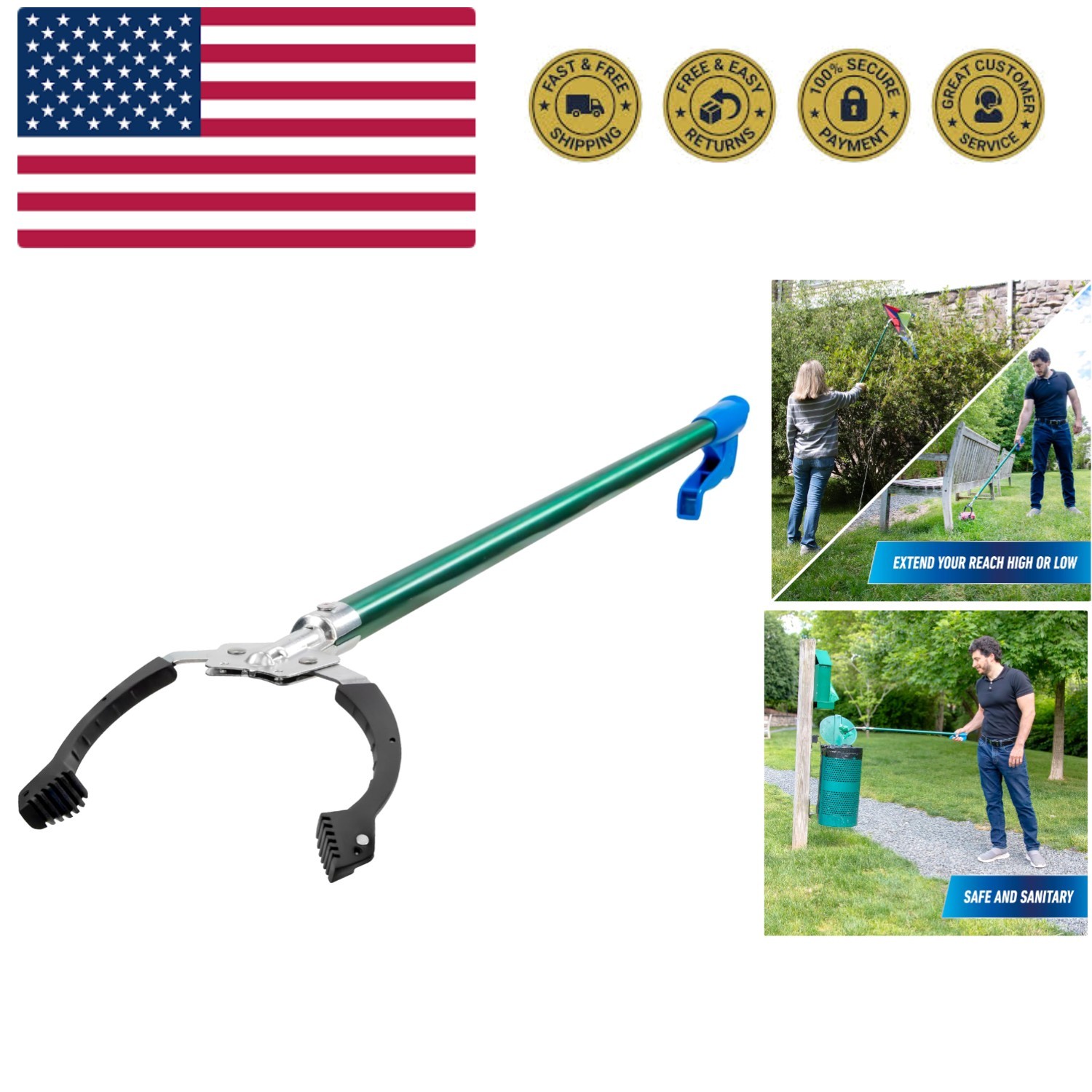 Professional 36” Nifty Nabber, Reacher Grabber Tool, Trash Picker Upper, Buil...