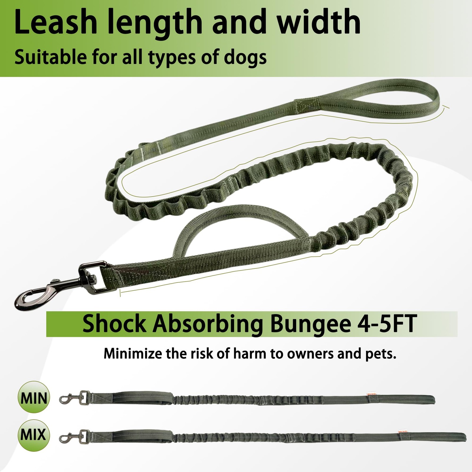 Reflective Heavy-Duty Dog Leash Adjustable 45 ft Shock-Absorbing Handle Green