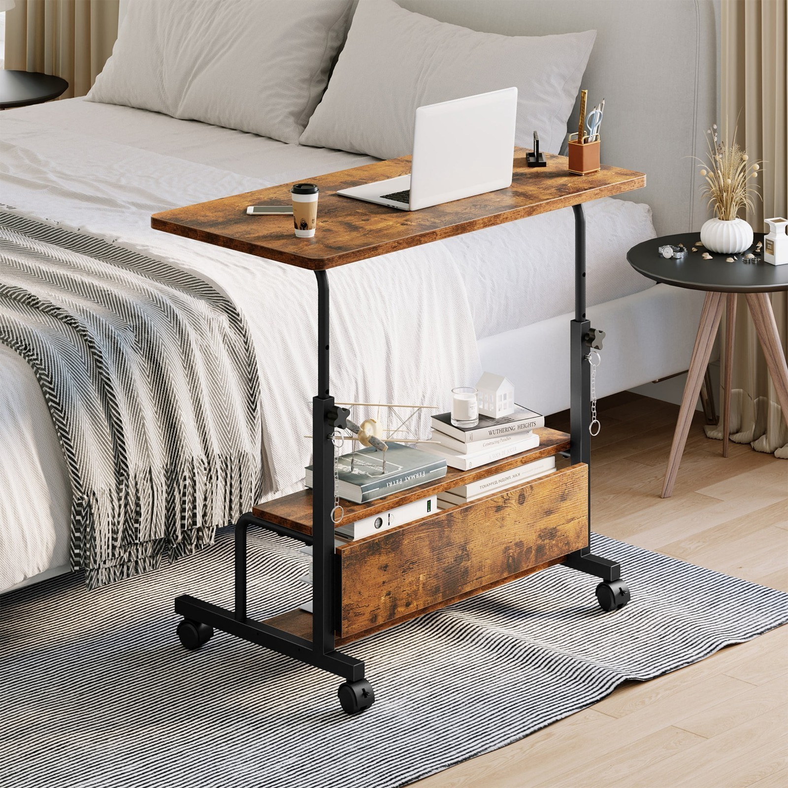 Height Adjustable Bedside Table Rolling Laptop Standing Desk w/2 Tier Storage