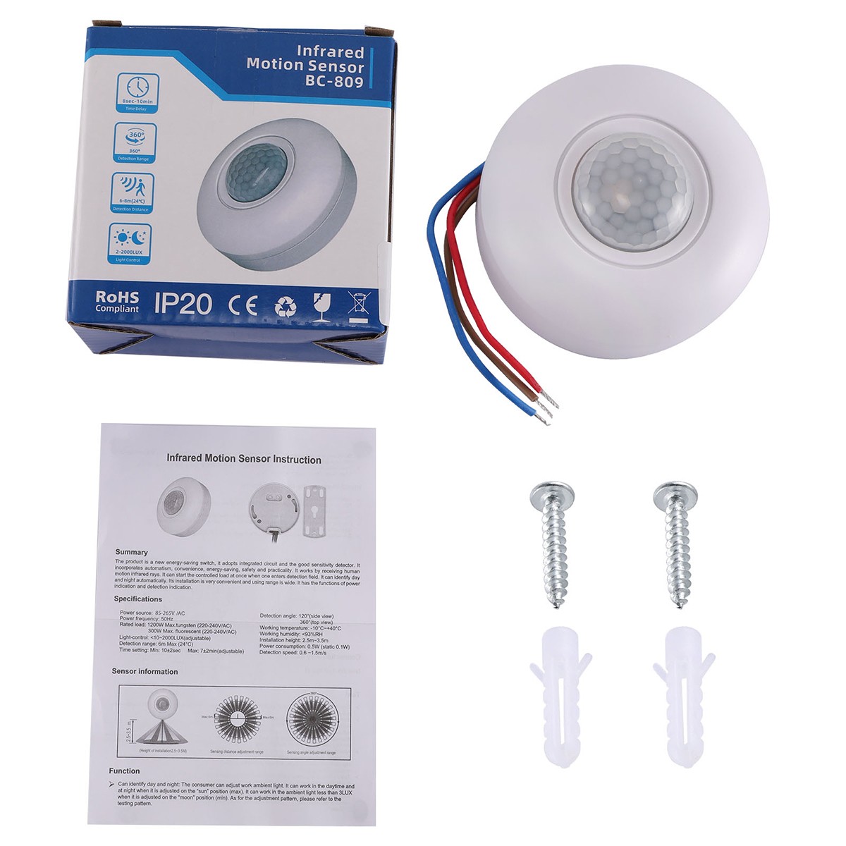 Mini Motion Sensor Light Switch, PIR Infrared Sensor, Time Delay, for LED, Bulb