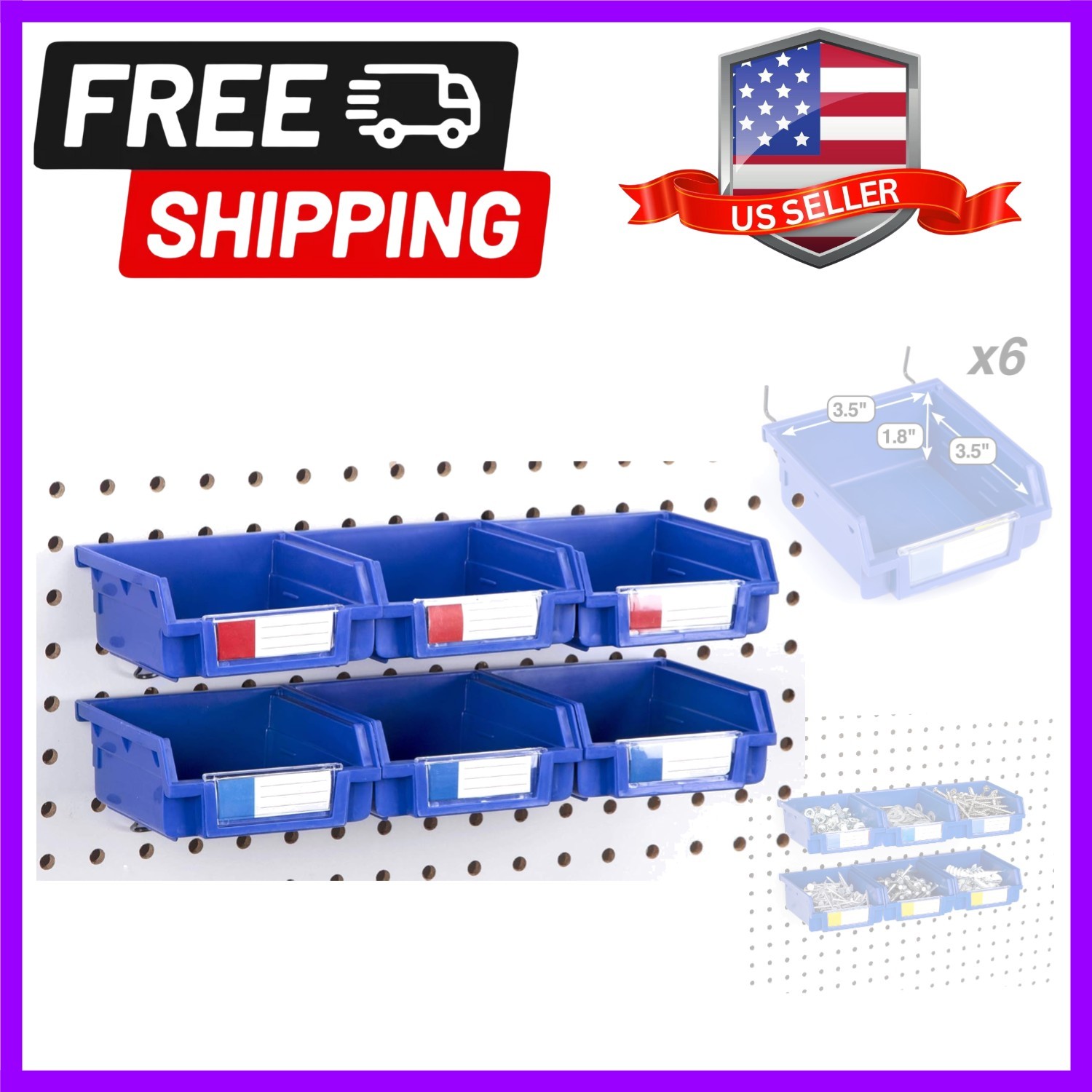 Pegboard Bins - 6 Pack Blue - Hooks to Any Peg Board - Organize Hardware, Acc...