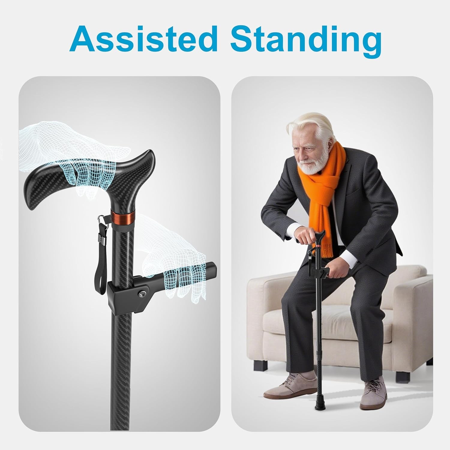 Carbon Fiber Walking Cane, Lightweight Adjustable Cane with Assist Handle, Er...