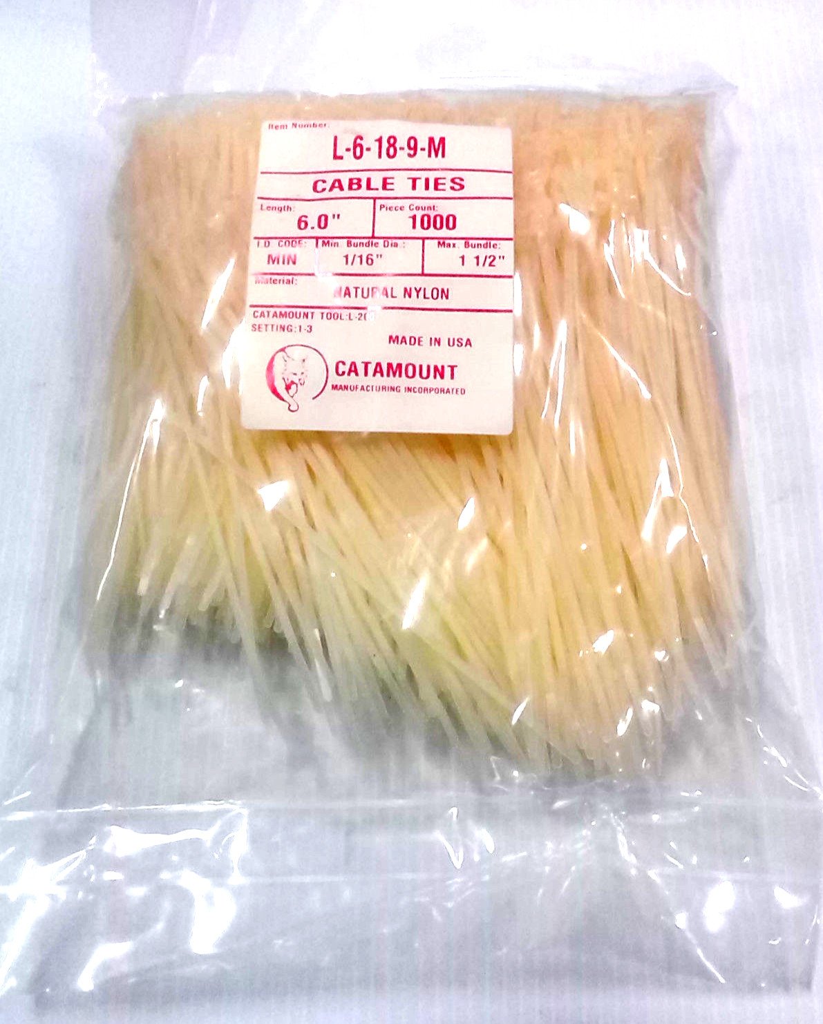 1000 Peices 6" CABLE TIES / L-6-18-9-M Catamont  - NATURAL NYLON, MADE IN USA.