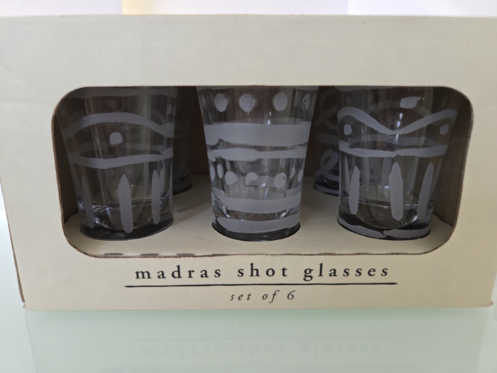 Pier 1 Imports, Madras Shot Glasses,Set of 6, Frosted Design, New In Box