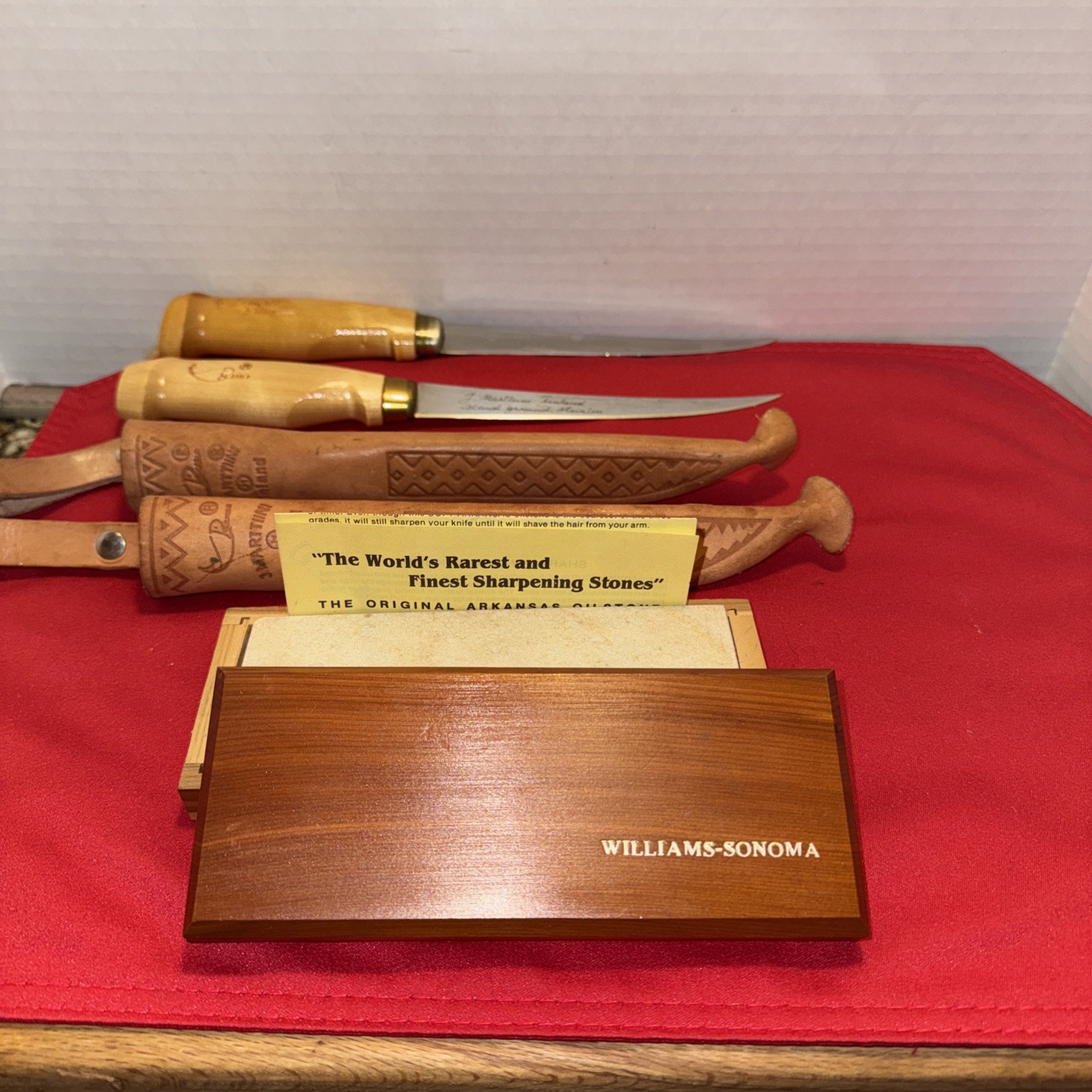 Lot Finnish Puukko Boning Knives & Williams Sonoma Arkansas Oilstone Set
