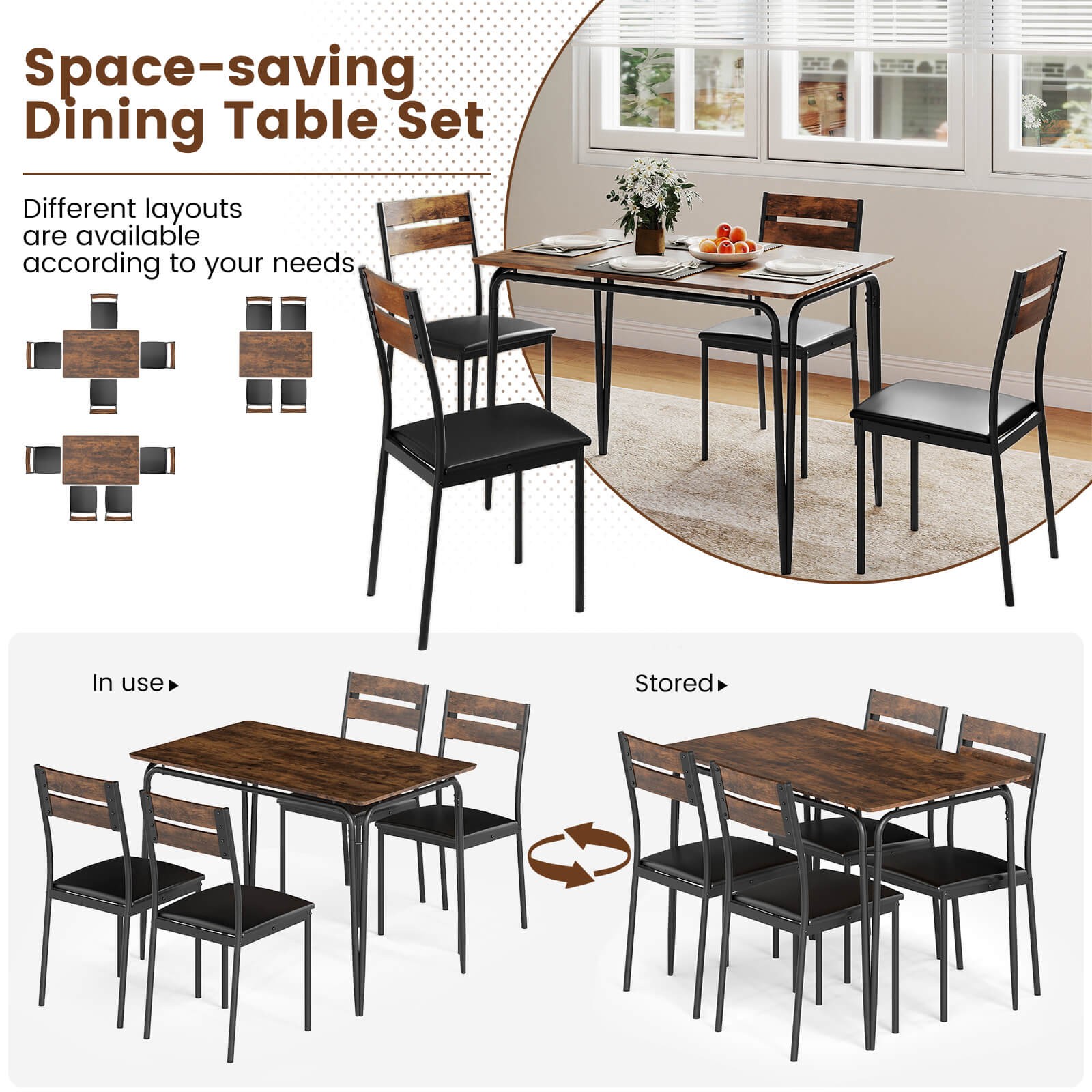 5PCS Dining Table Set, Kitchen Table and 4 Armless Chairs w/ Upholstered Seat