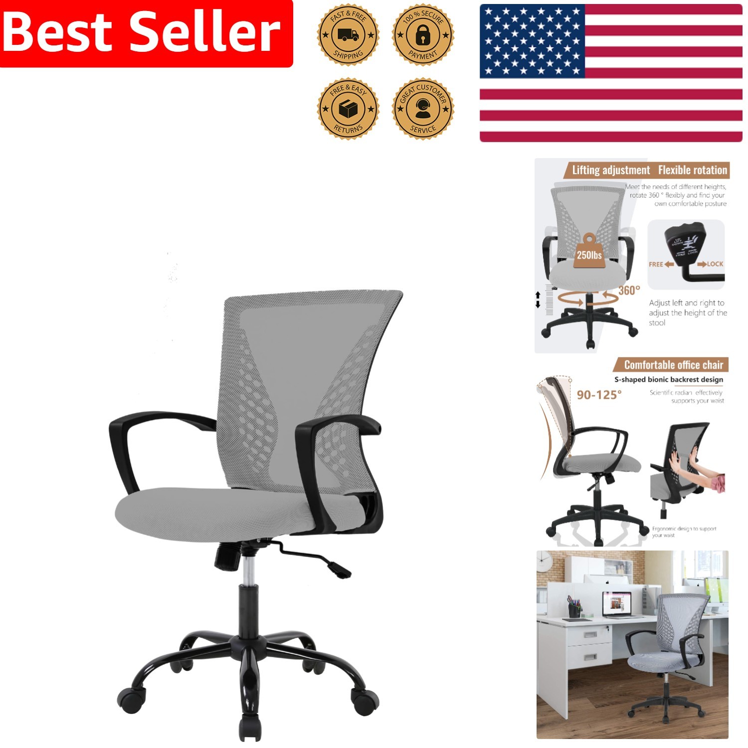 Home Office Task Chair - Swivel Grey Mesh Design with Easy Assembly & Durability