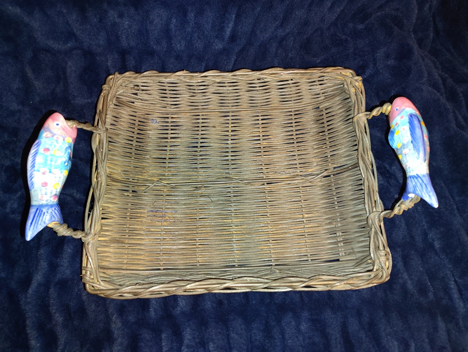 Philippines Wood/Wicker Basket w/ Ceramic Painted Fish Handles