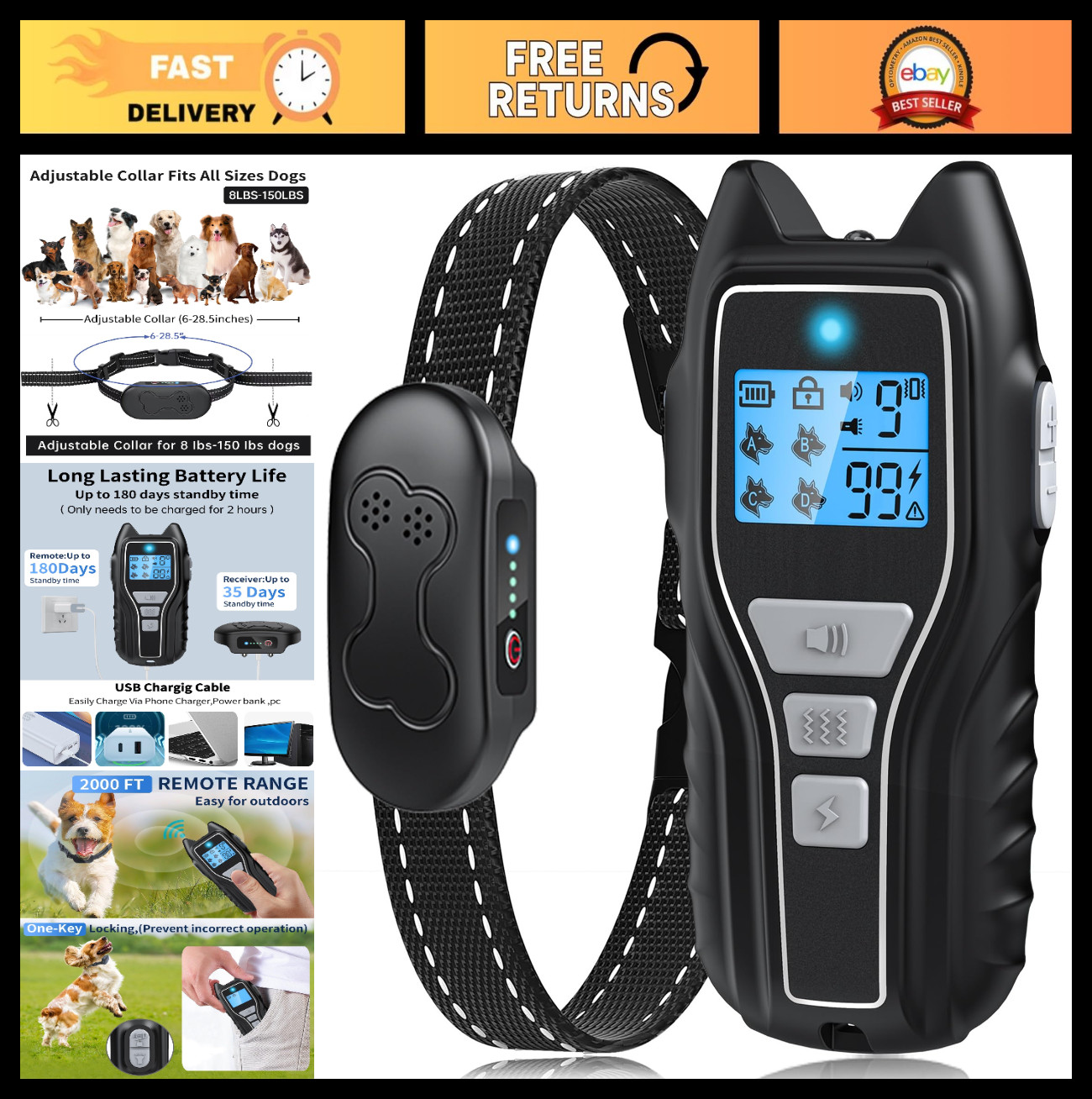 Rechargeable Dog Training Shock Collar with Remote - Waterproof E-Collar, 4 Safe
