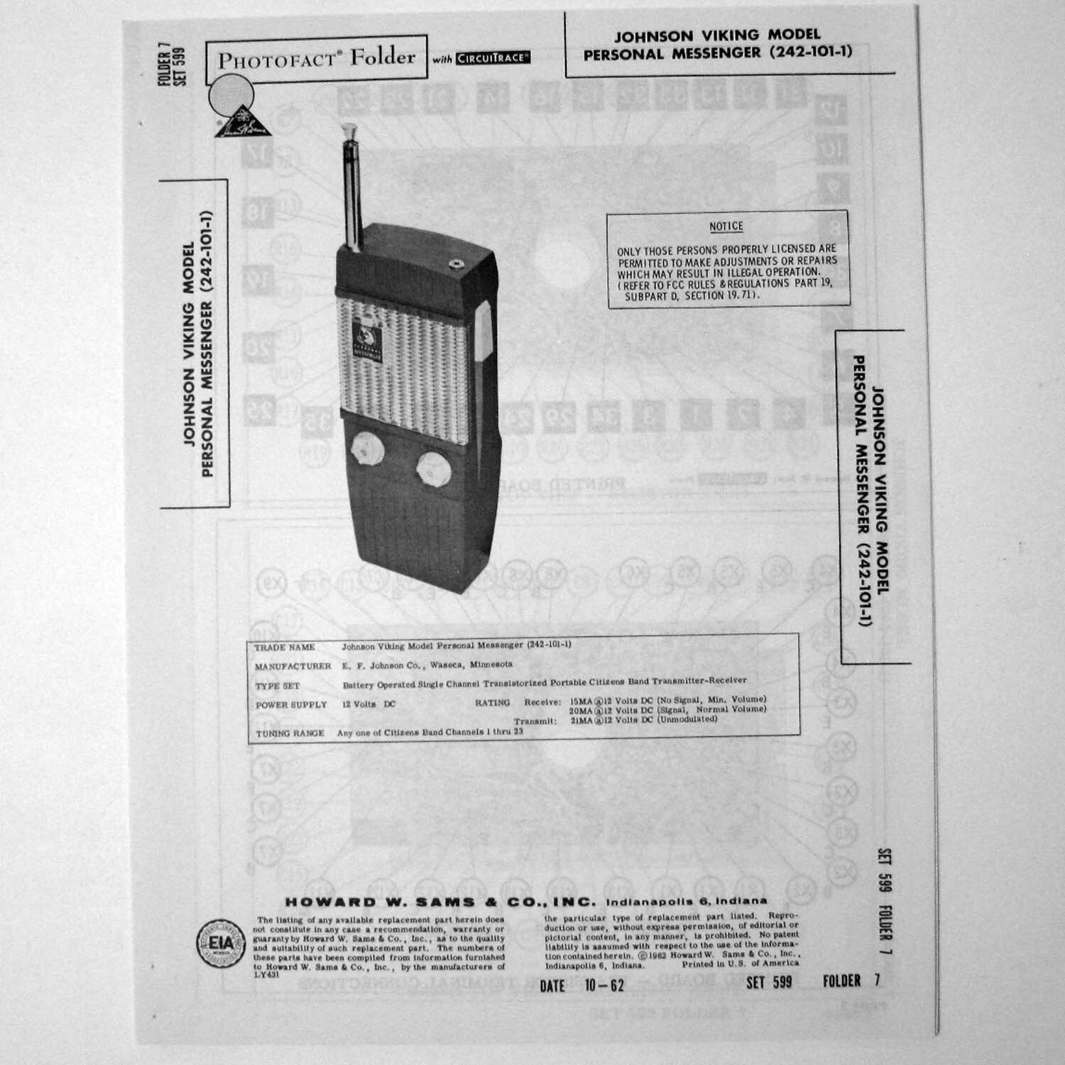 Johnson Viking Model Personal Messenger 242-101-1 SAMS Photofact ™ 1962 - New