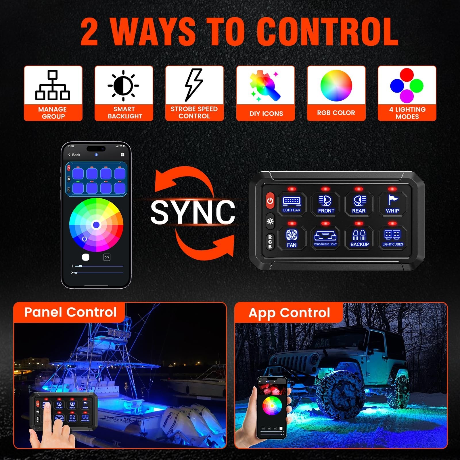 SUPAREE 8 Gang Bluetooth RGB Switch Panel,Toggle Momentary Flash Strobe Memor...