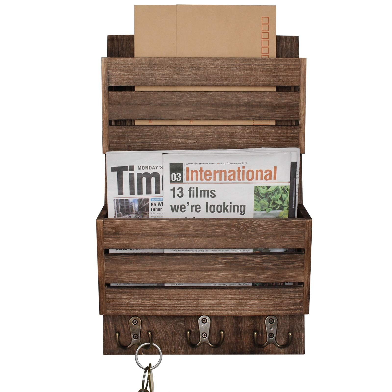 Unistyle Mail Organizer with 4 Hooks, Rustic Brown Wall Mount, Cedar Wood Key...