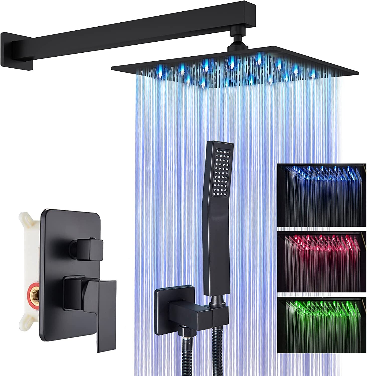 Black LED Shower Faucet Set System 12" Rain Shower Head Combo with Mixer Valve