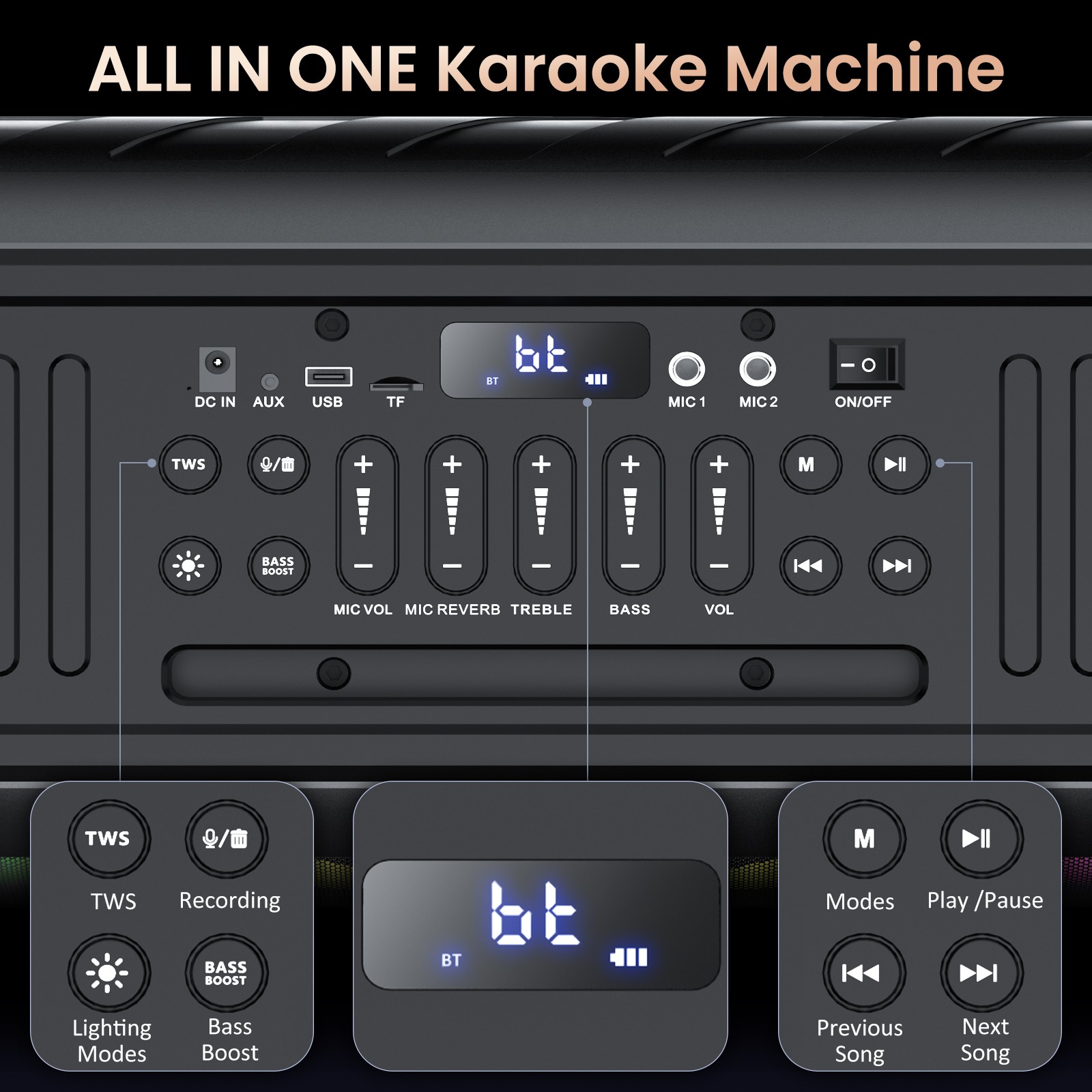 Party Speaker with 2 Wireless Microphnes Rechargeable Bluetooth Speaker Karaoke