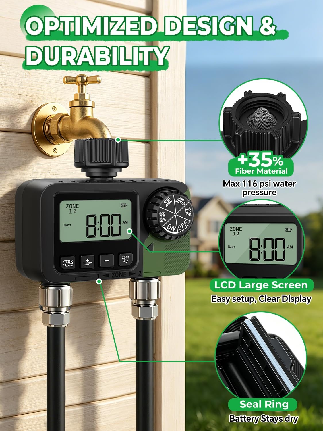 Sprinkler Timer 2 Outlets, Programmable Water Hose Small, Black + Olive Green