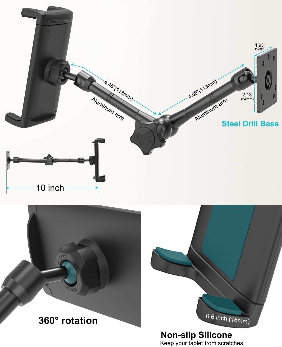 Dosvsi Tablet Wall Holder, Metal Magic Arm Tablet Wall Mount, Drill Base Phone W