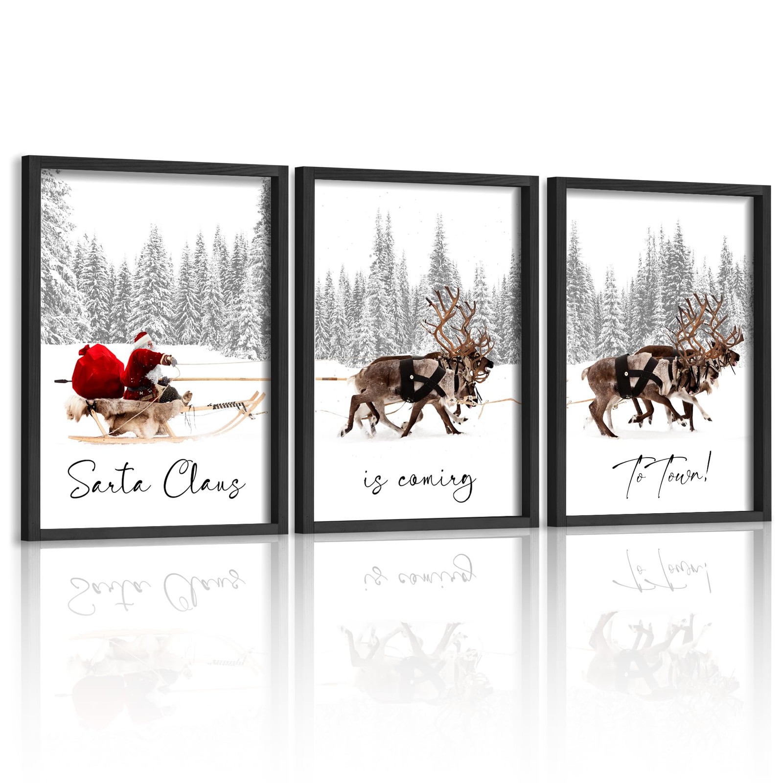 Set of 3 Framed Christmas Wall Art Farmhouse Santa Claus Is 12x16, Black