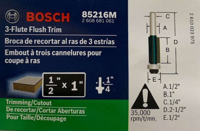 BOSCH 85216M 1/2 In. x 1 In. Carbide Tipped 3-Flute Flush Trim Bit