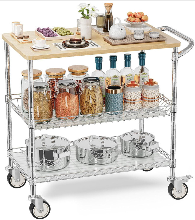 Carrito de Cocina de 3 Niveles con Ruedas y Encimera de Madera Resistente, Nuevo