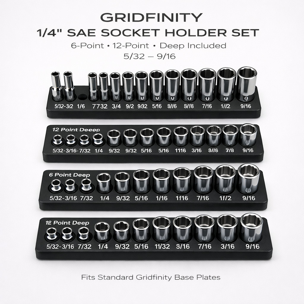 Gridfinity 1/4" SAE Socket Holder Set 5/32–9/16 6-Pt 12-Pt Deep 1x5 Rail