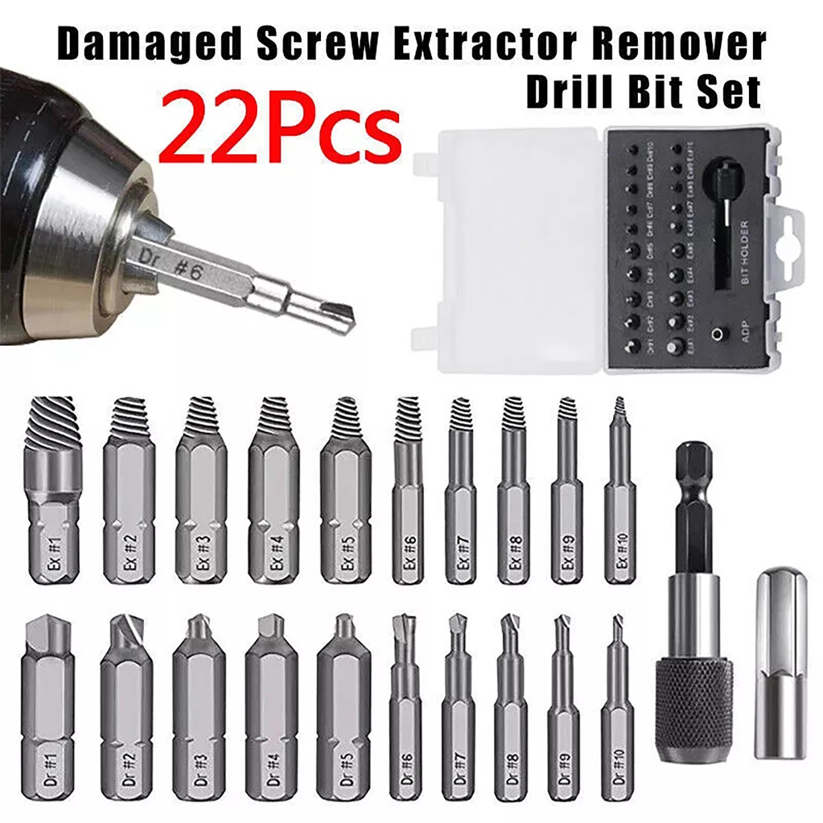 22* Broken Screw Extractor Remover Set Damaged Bolt Easy Out Stripped Drill Bit