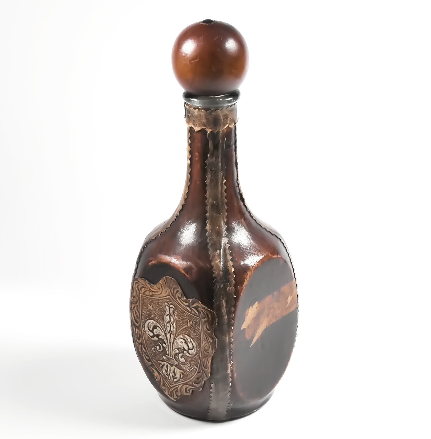 Italian Leather Wrapped Glass Decanter with Embossed Fleur De Lile Crest Vintage