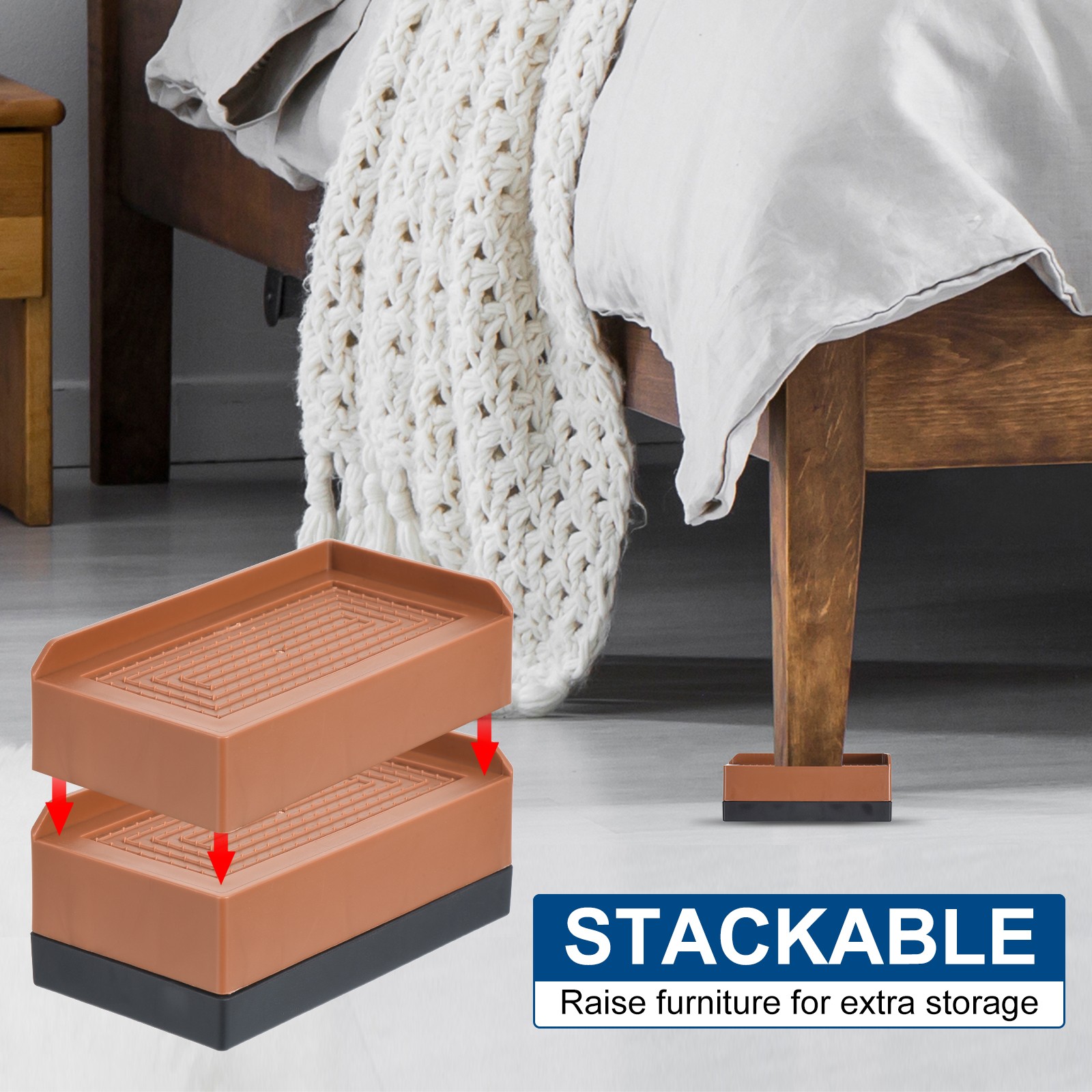 4Pcs Furniture Risers 3" Rectangle Bed Risers Adjustable Desk Sofa Riser Brown