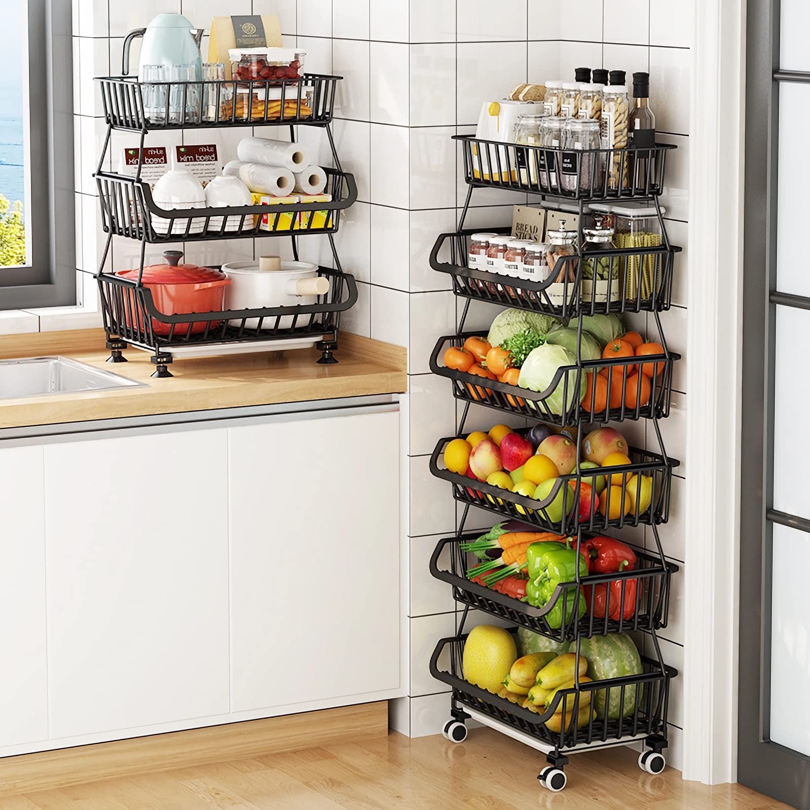 Fruit Vegetable Storage Baskets with Wheels, 6 Tier Stackable Wire Storage Ba...