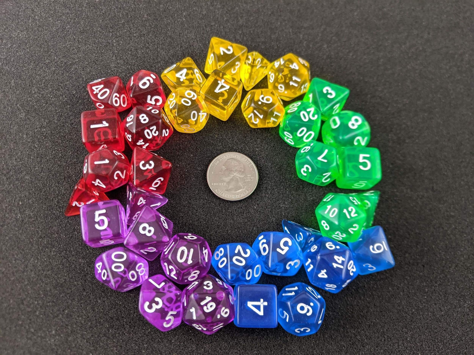 Colorful translucent dice set.