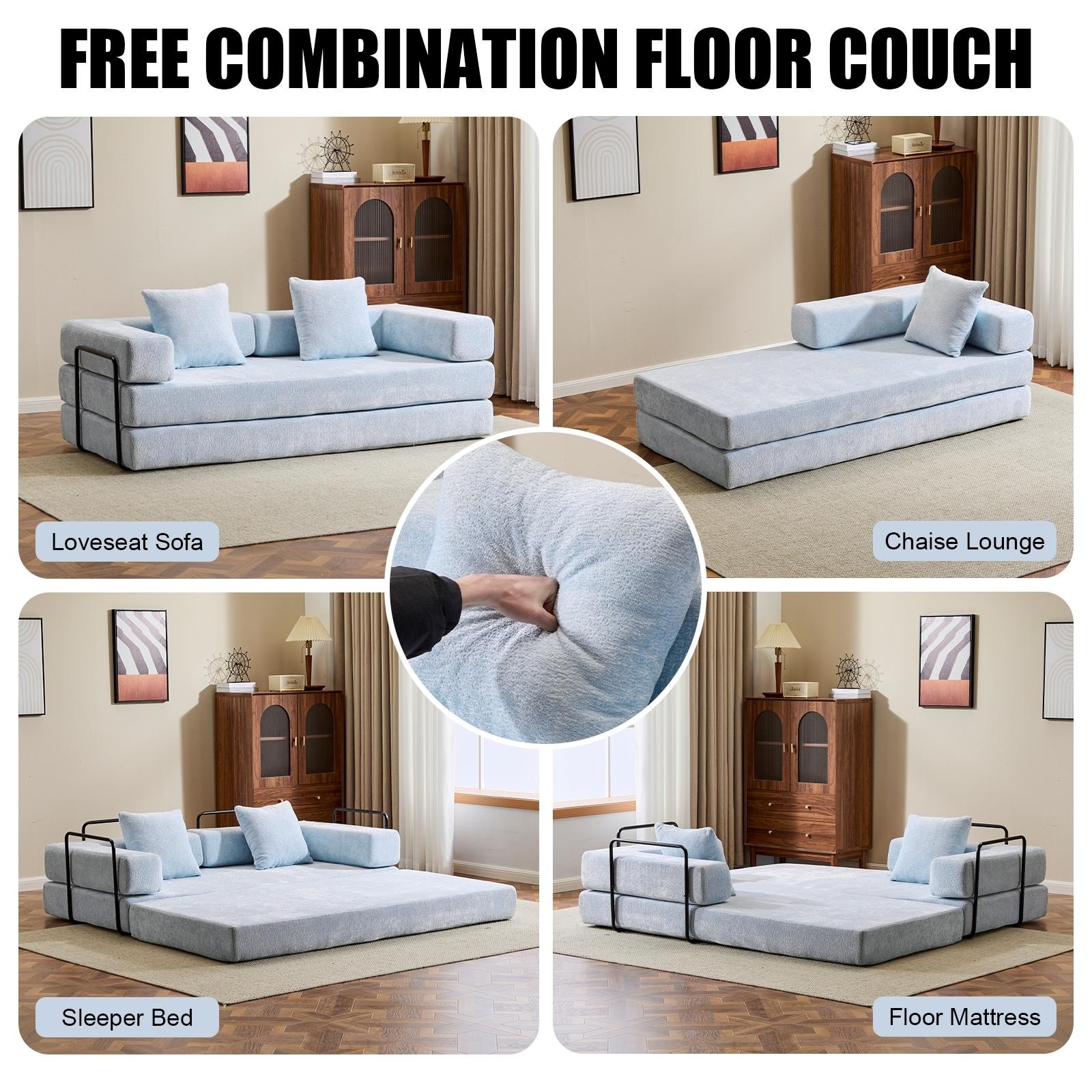 Convertible Floor Light Blue Chenille Sofa Bed W/ Pillow Armrest