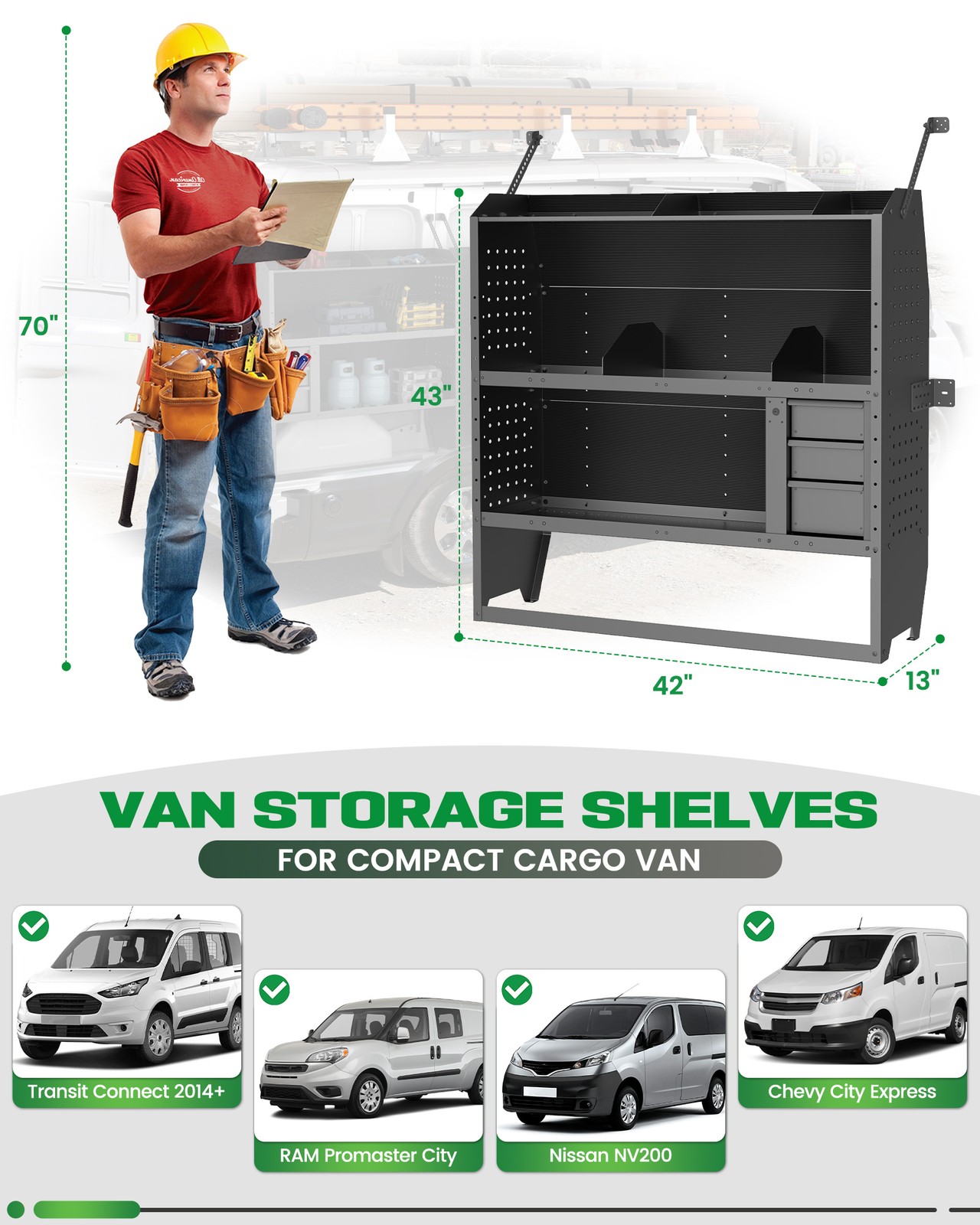 42"Wx43"Hx13"D Van Shelving for Ford Transit Connect,Ram Promaster City w/drawer