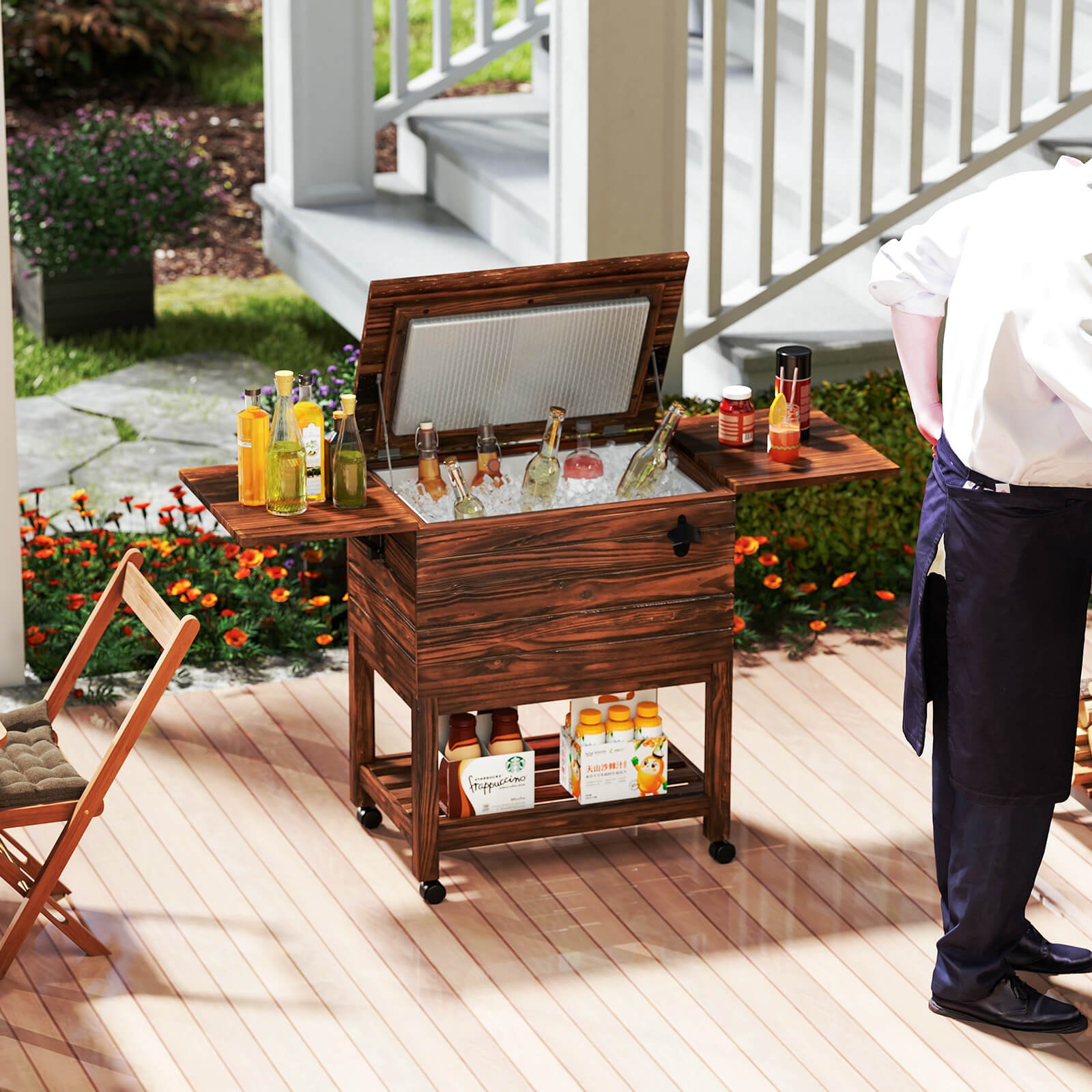 54 Quart Rolling Wooden Patio Cooler Cart with 2 Drop Leaf Tables Bottle Opener