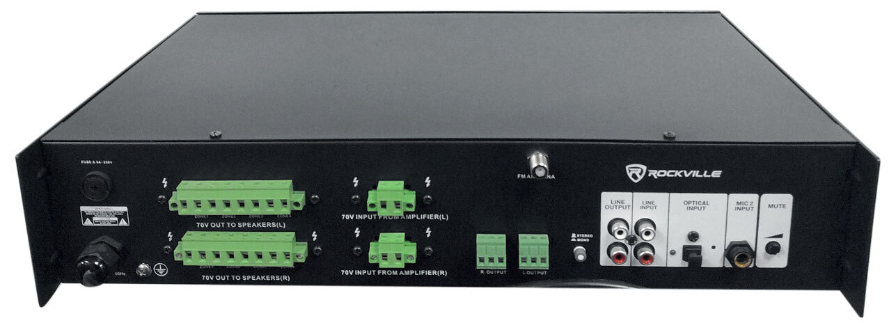 Rockville PRE-70V 70V Stereo Preamp Mixer with 6 Zones, Bluetooth/Optical/Mic In