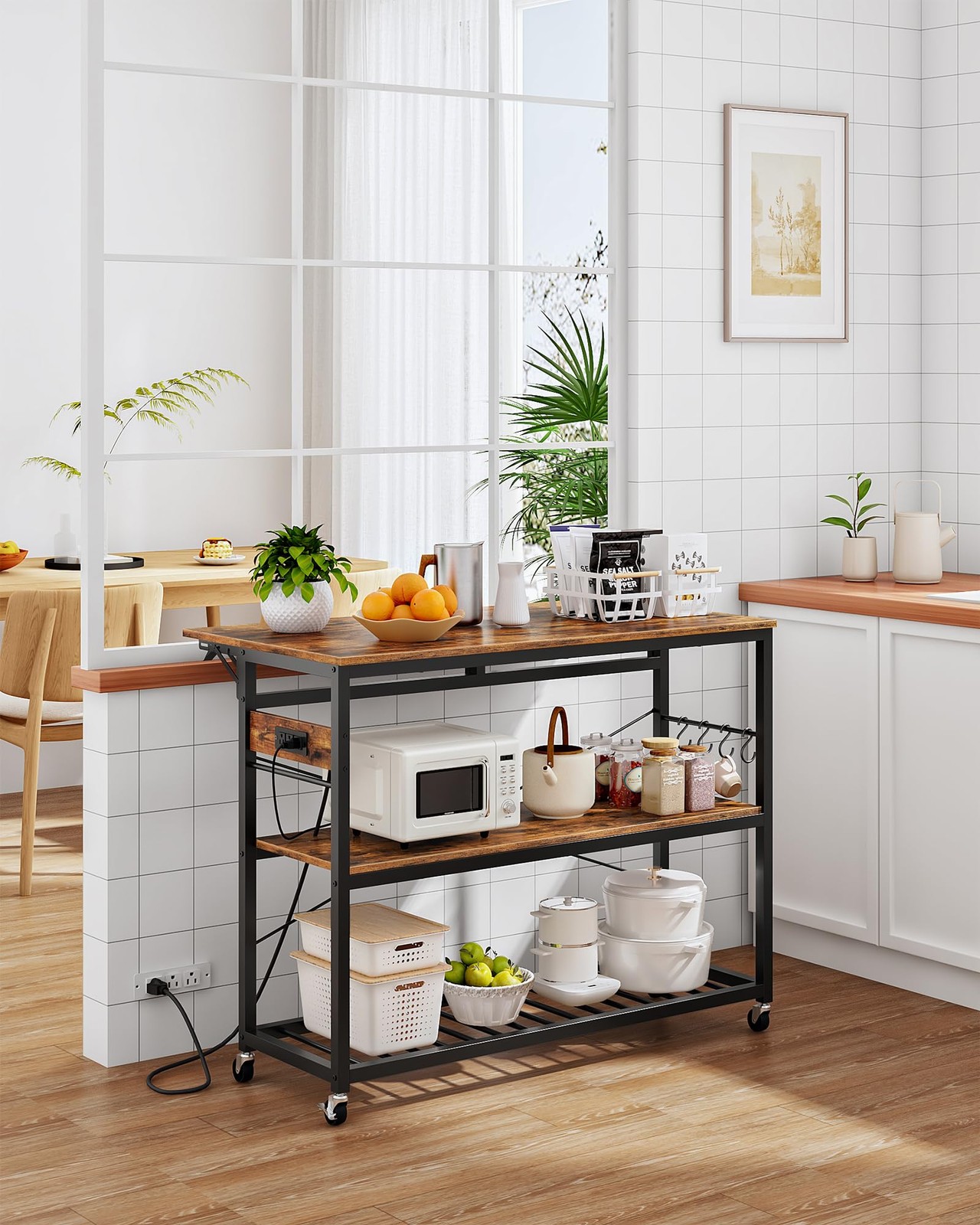Rustic Kitchen Island with Power Outlet, Folding Top & Wine Rack, Large Size