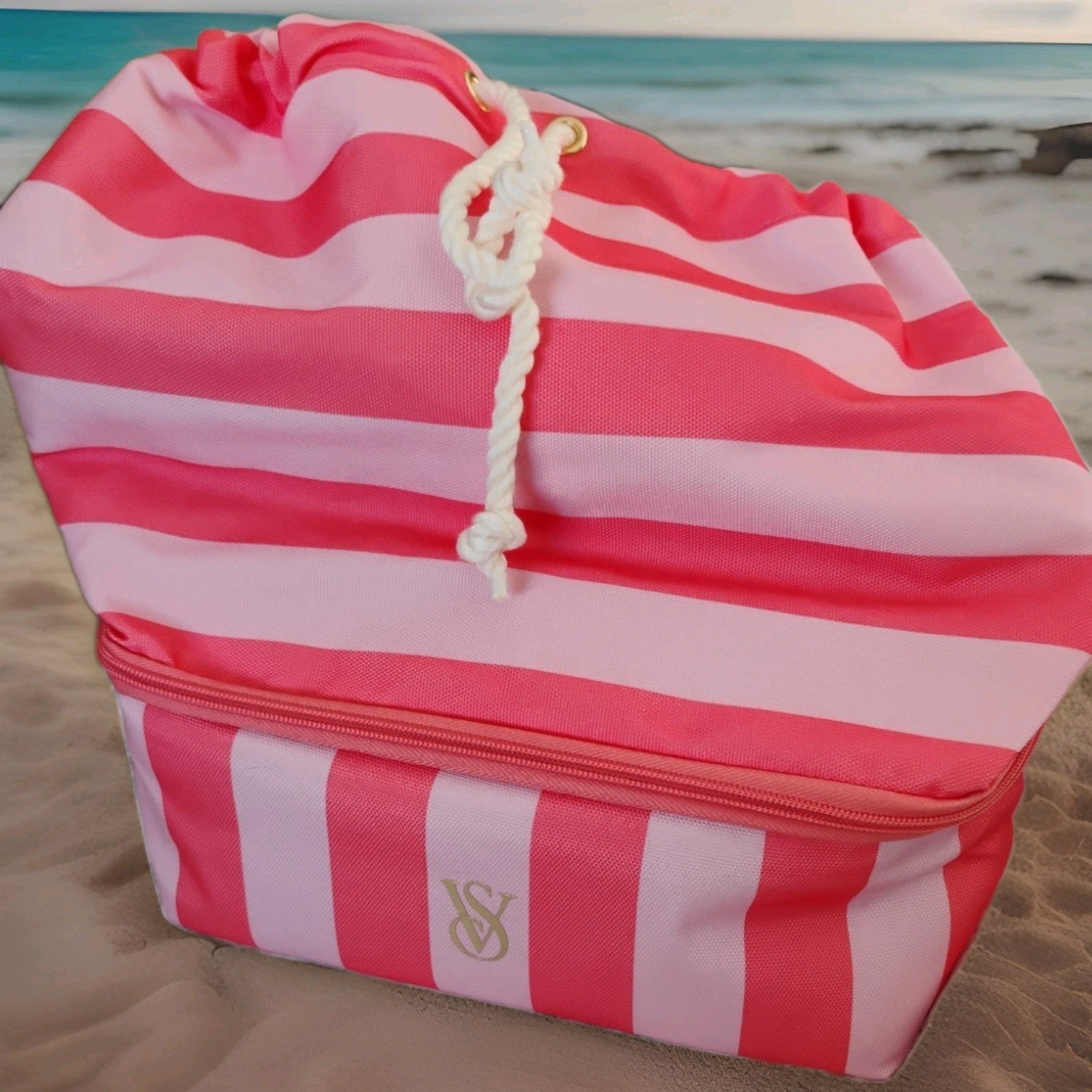 Victoria Secret Beach Cooler Bag Zip Compartment Pink Stripe 2025 Coral Pink NWT